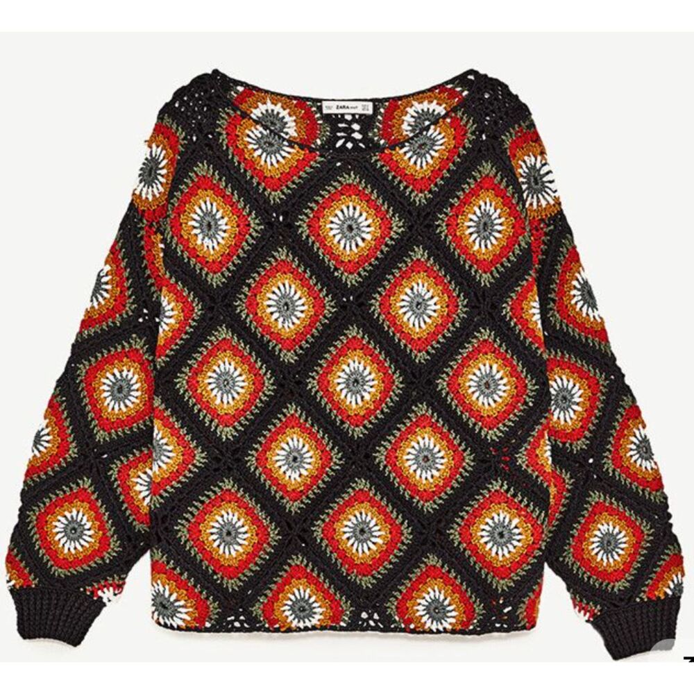 ZARA Crochet Knit Multicolor Oversized Crew Neck Sweater